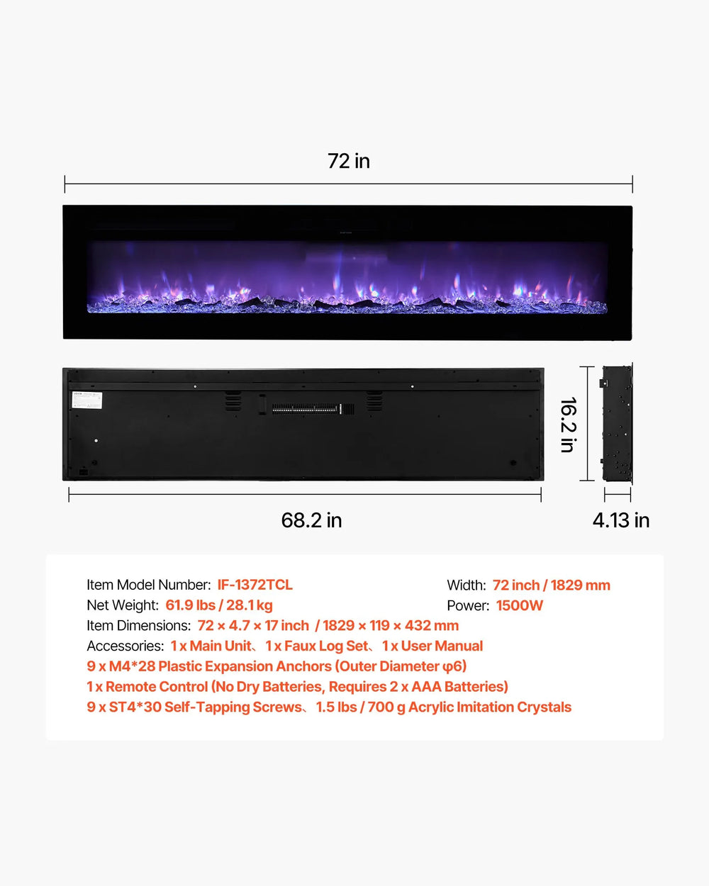 Vevor Electric Fireplace 72" Recessed Wall Mount Adjustable Flame 2 Heat Levels 1500W New