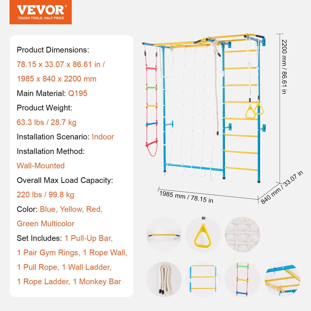 Vevor Kids Wall Gym 7-in-1 Steel Indoor Playground for Climbing New