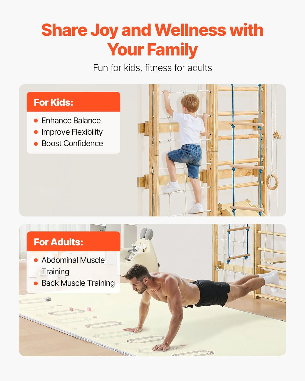 Vevor Swedish Ladder Wall Gym 8-in-1 Wood Jungle Gym Playset 220 lb. Capacity New