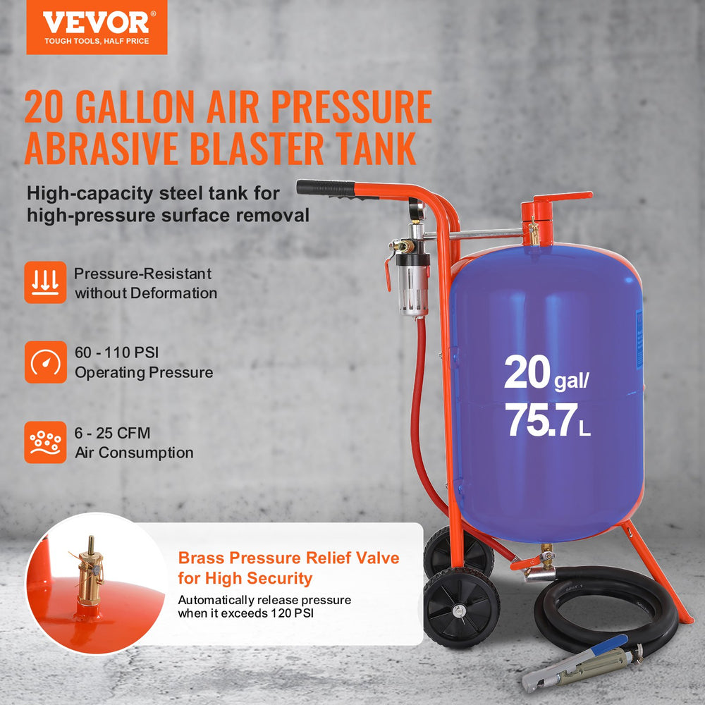 Vevor Sand Blaster 20 Gal. Portable Tank 60-110 PSI High Pressure with 4 Ceramic Nozzles New