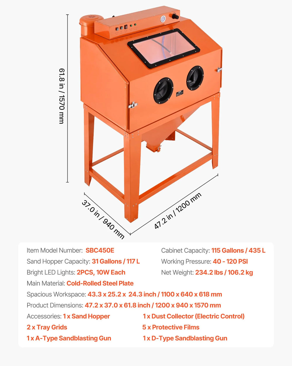 Vevor Sandblasting Cabinet 115 Gal. with 31 Gal. Media Hopper Dust Collector New