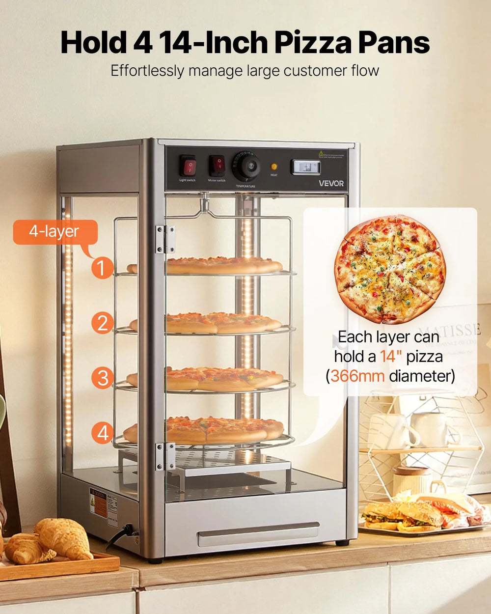 Vevor Pizza Warmer 4-Tier Display 14 in. with Rotary Steam Heating LED Lighting New