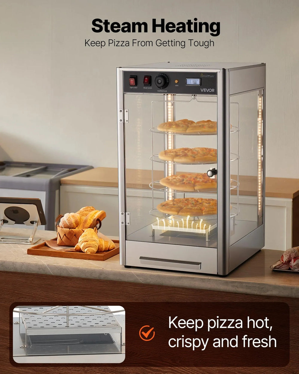 Vevor Pizza Warmer 4-Tier Display 14 in. with Rotary Steam Heating LED Lighting New