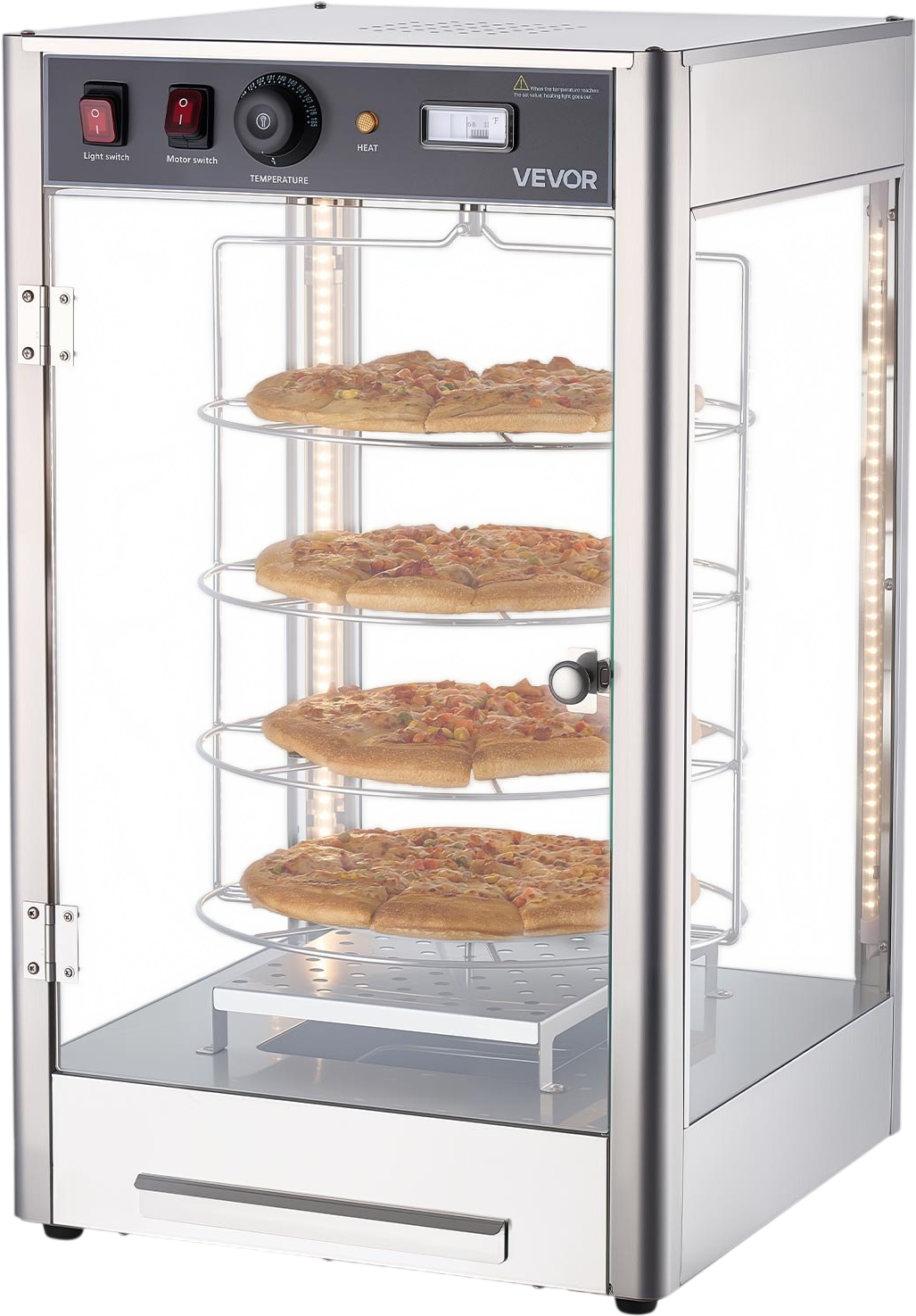 Vevor Pizza Warmer 4-Tier Display 14 in. with Rotary Steam Heating LED Lighting New