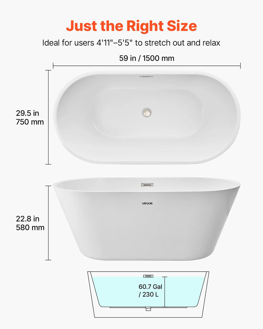 Vevor Acrylic Freestanding Bathtub 60 Gal. 59" Oval with Brushed Nickel Drain New