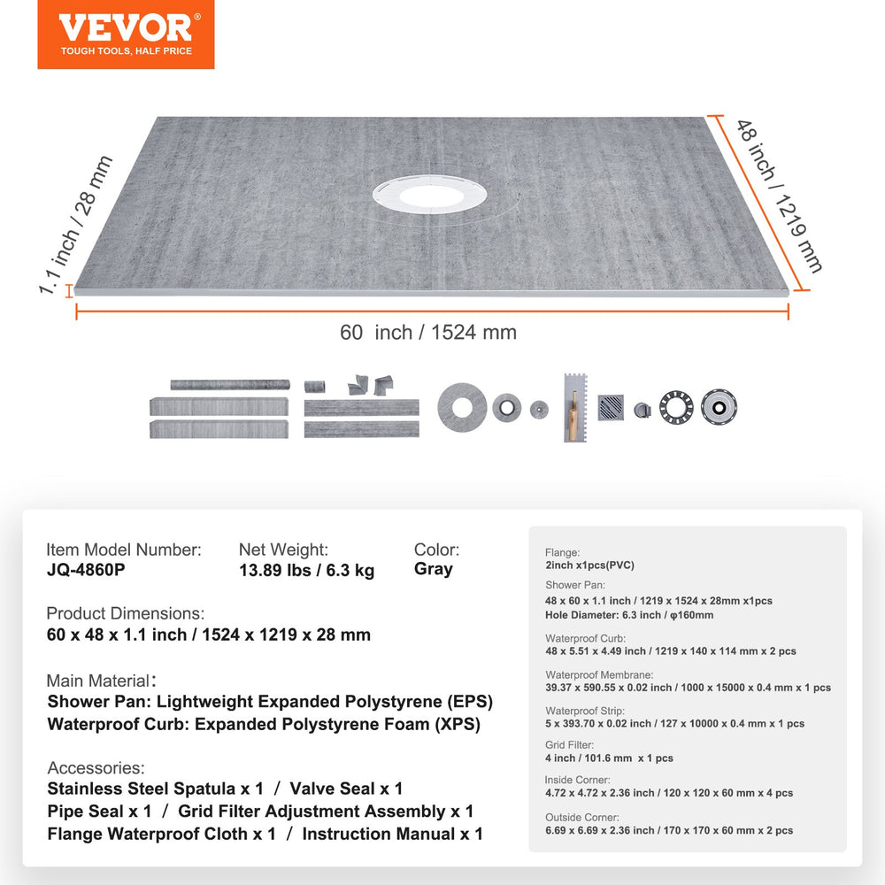 Vevor Shower Curb Kit 60" x 48" Pan with 2" PVC Central Flange Stainless Steel Grate New