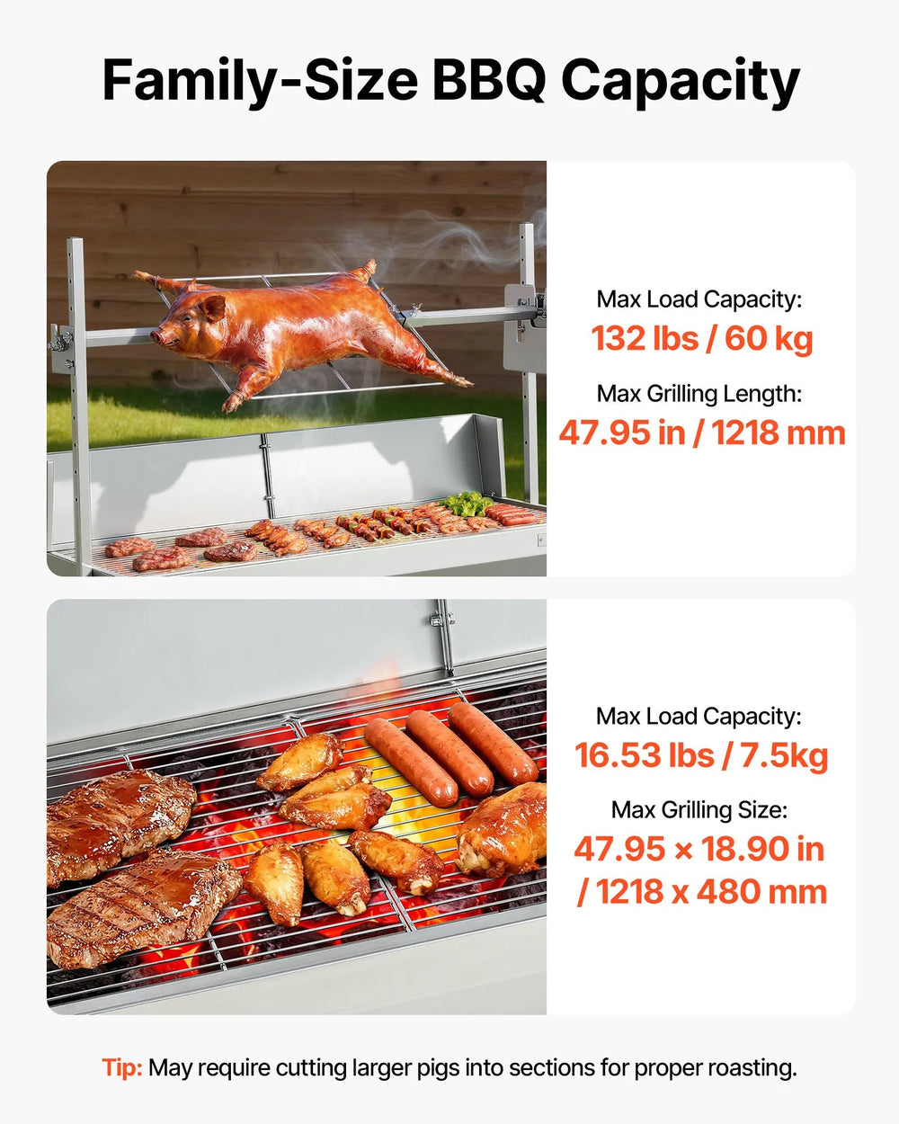 Vevor Rotisserie Grill 48 in. Spit Roaster with Wheels 4-Level Height 132 lb. Capacity New