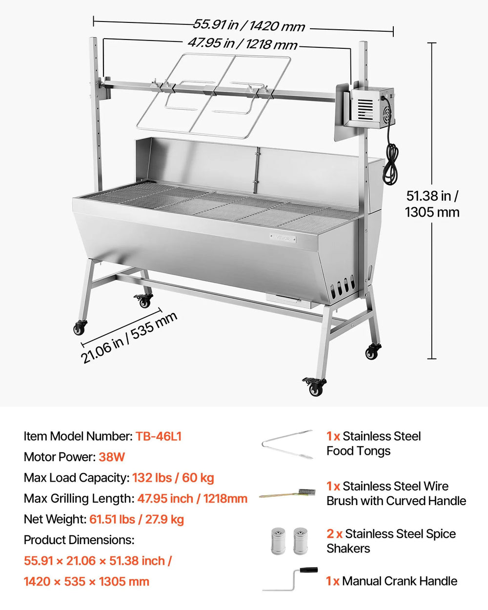 Vevor Rotisserie Grill 48 in. Spit Roaster with Wheels 4-Level Height 132 lb. Capacity New