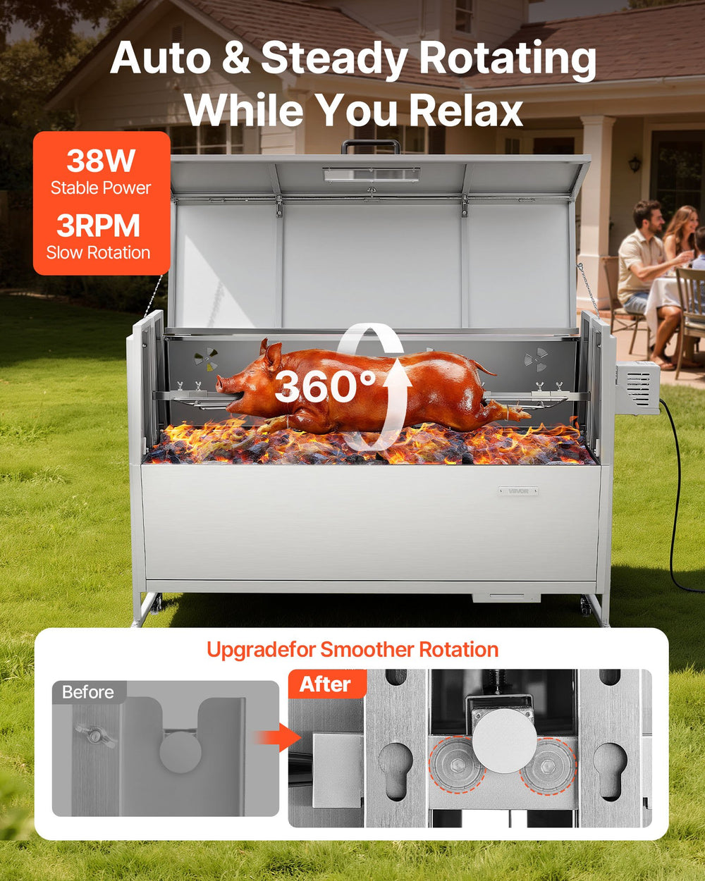 Vevor Rotisserie Grill 52" 132 Lbs Capacity 38W Electric Roaster with Hood New