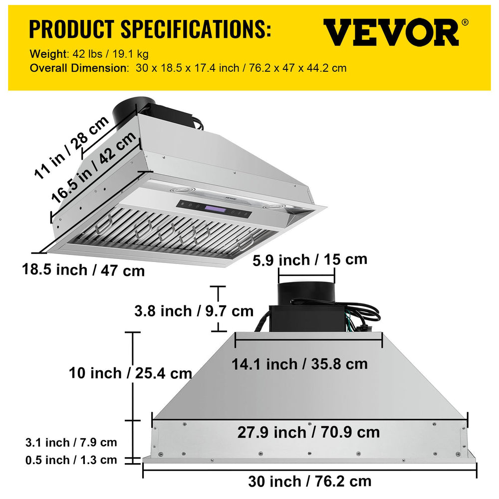 Vevor Range Hood with Touch & Remote Control 30" Stainless Steel 4-Speed 900 CFM New