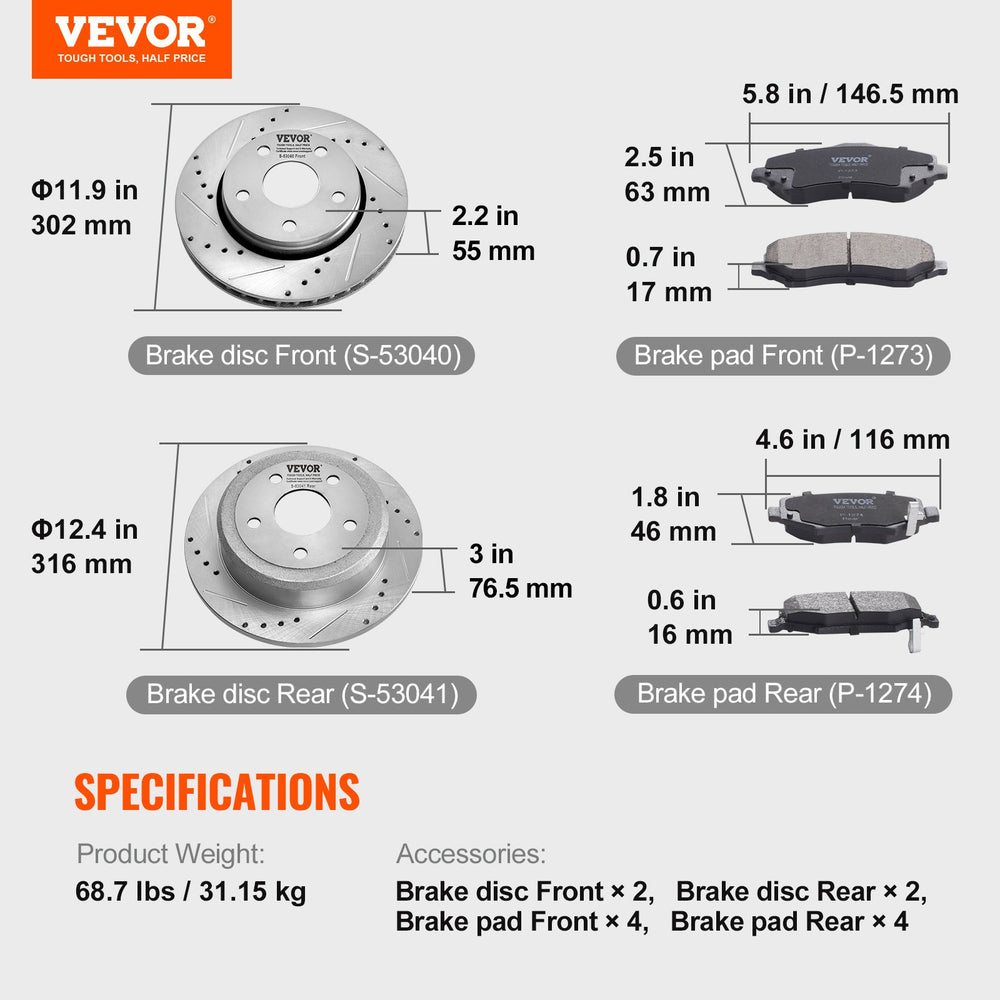 Vevor Front & Rear Brake Rotors Pads Kit Drilled Slotted for Jeep Wrangler 2007-2017 New