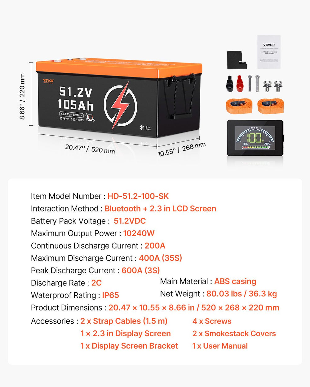 Vevor Golf Cart Battery Lithium 48V 105Ah with LCD Monitor 4000+ Cycles New