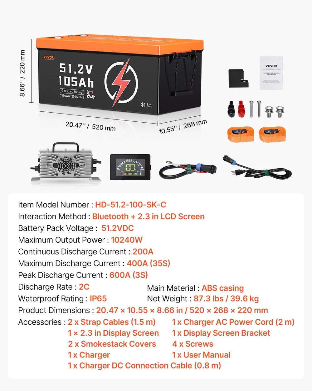 Vevor Golf Cart Battery 48V 105Ah LiFePO4 with BMS LCD Monitor 20A Charger New