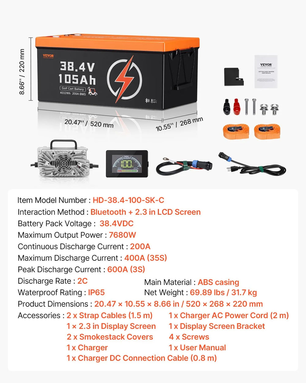 Vevor Golf Cart Lithium Battery 36V 105Ah with 20A Charger and LCD Monitor New