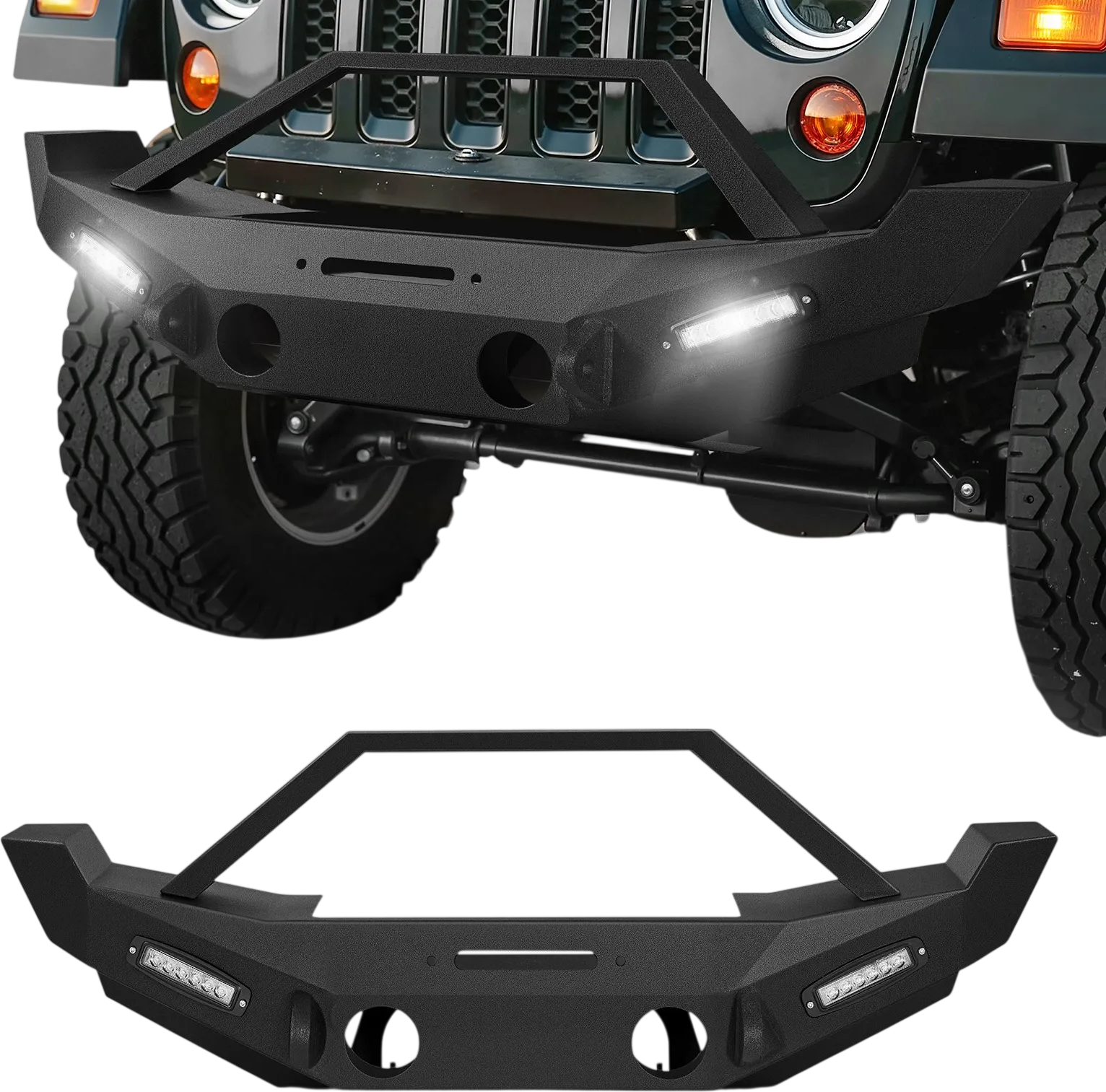 Vevor Steel Front Bumper with LED Light Bars Winch Plate for 2007-2018 Wrangler JK/JKU New