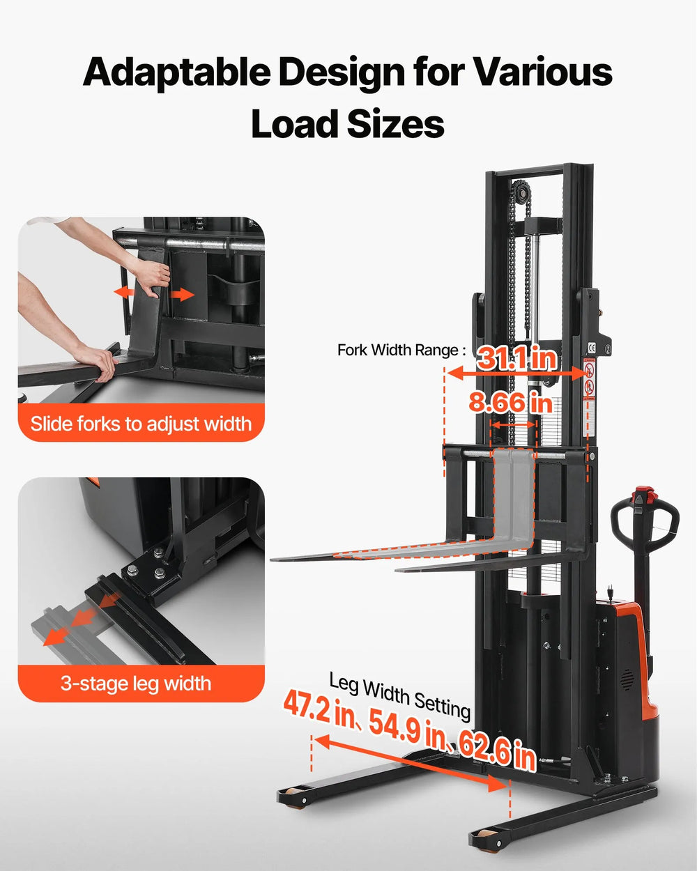 Vevor Electric Pallet Stacker 130" Lift 3300 lbs Adjustable Width Forks Straddle Legs New