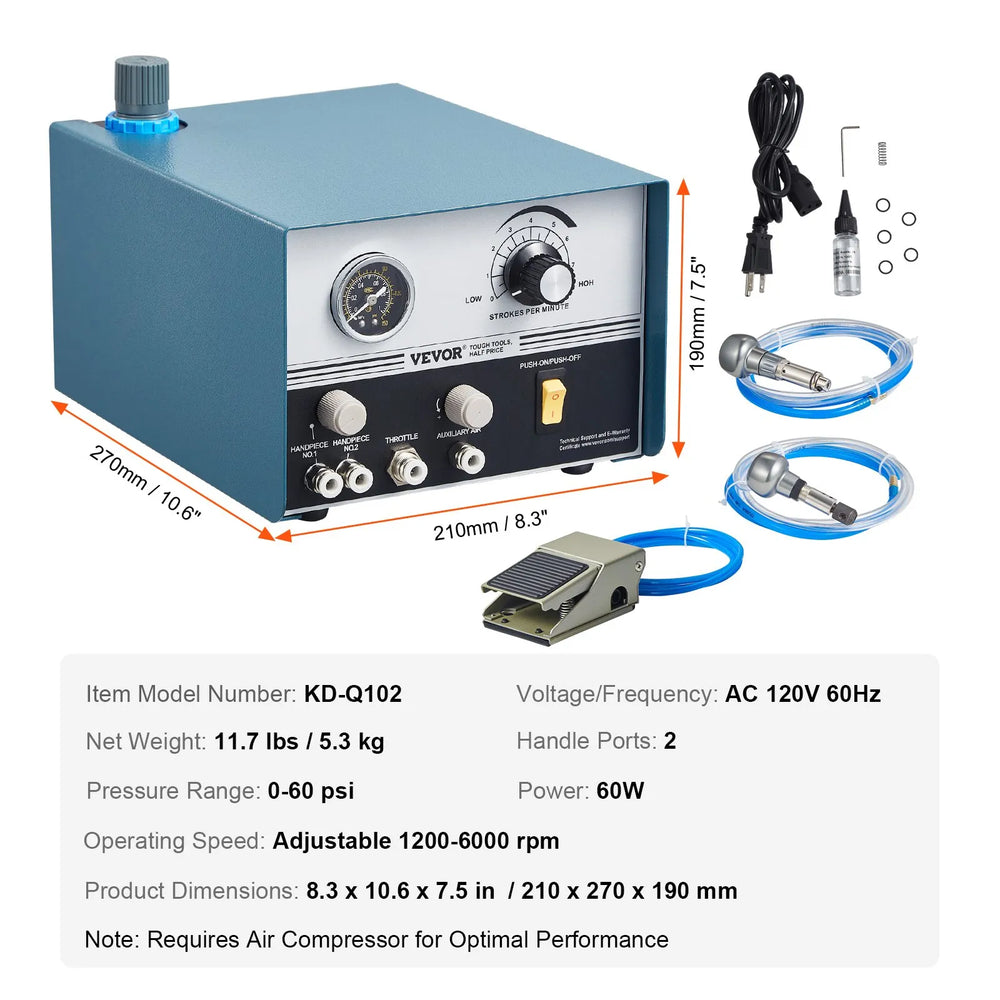 Vevor Pneumatic Engraver Machine with Dual Heads 60 PSI 1200-6000 RPM New