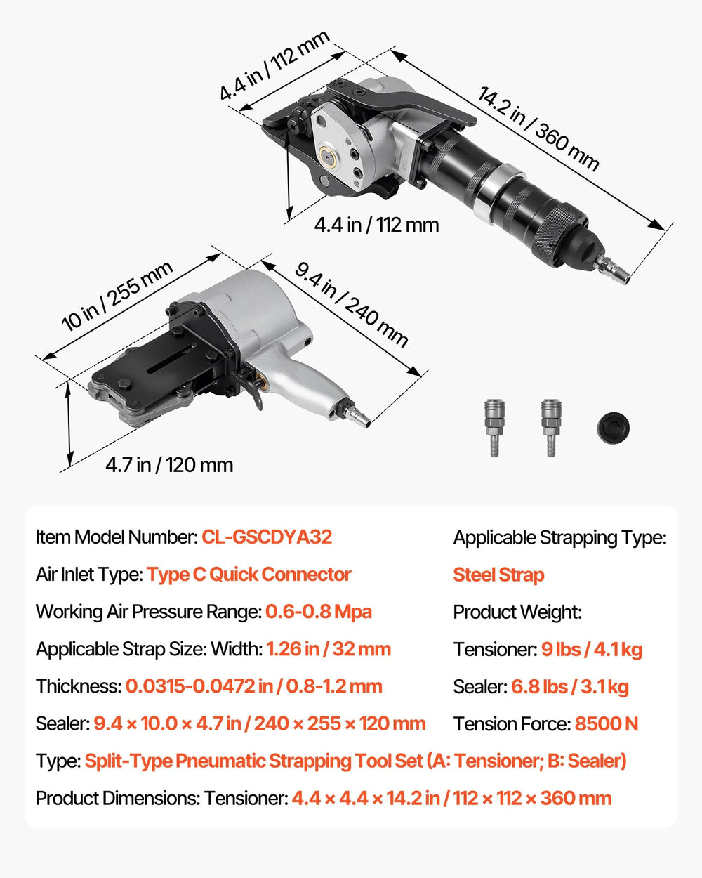 Vevor Pneumatic Strapping Machine 8500N Tensioner and Sealer for 1.26" Metal Belts New