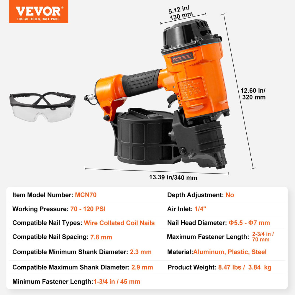 Vevor Pneumatic Nail Gun MCN70 Coil Siding Nailer 1-3/4" to 2-3/4" 15-Degree New