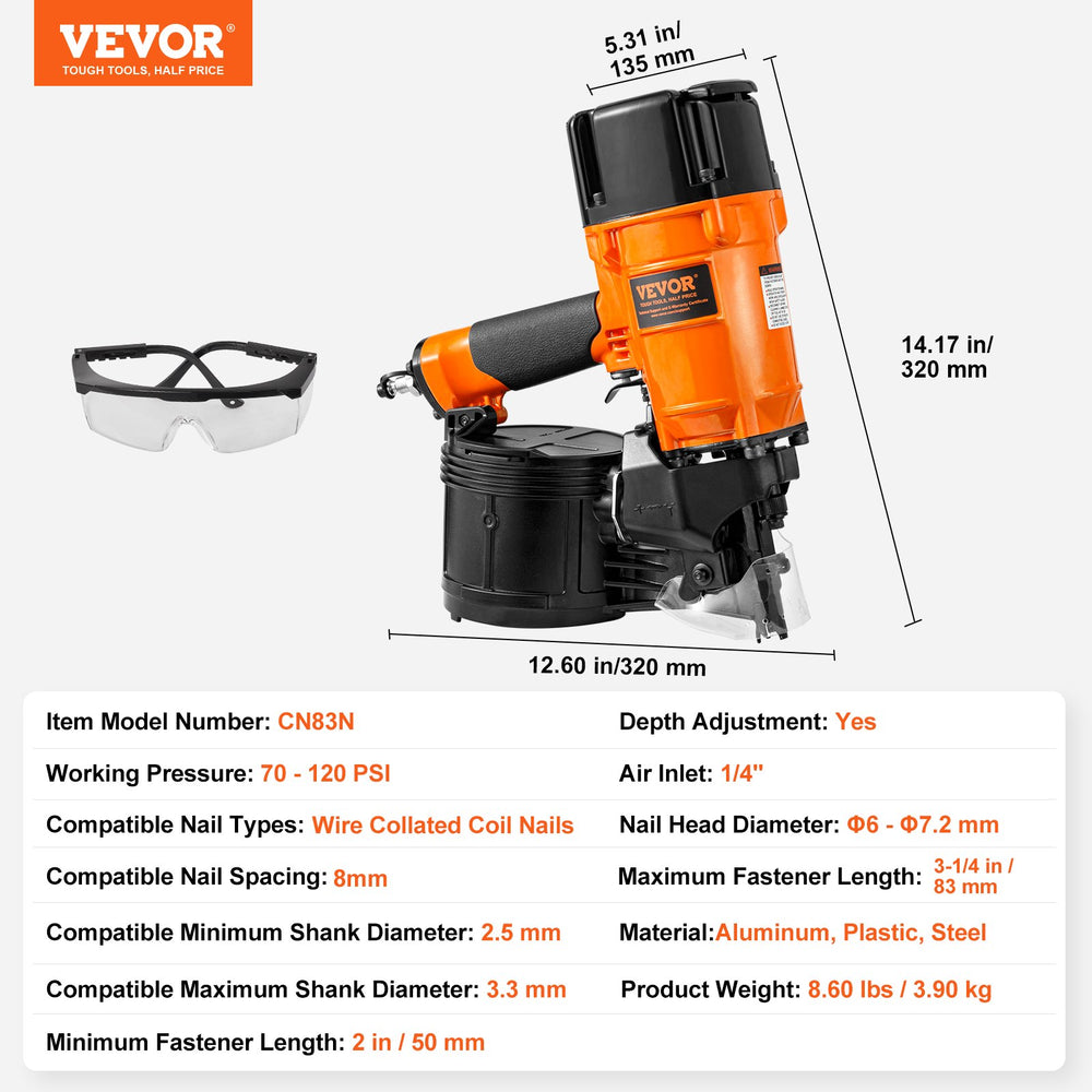 Vevor CN83N Pneumatic Nail Gun 15 Degree for 2" to 3-1/4" Nails 70-120 PSI New