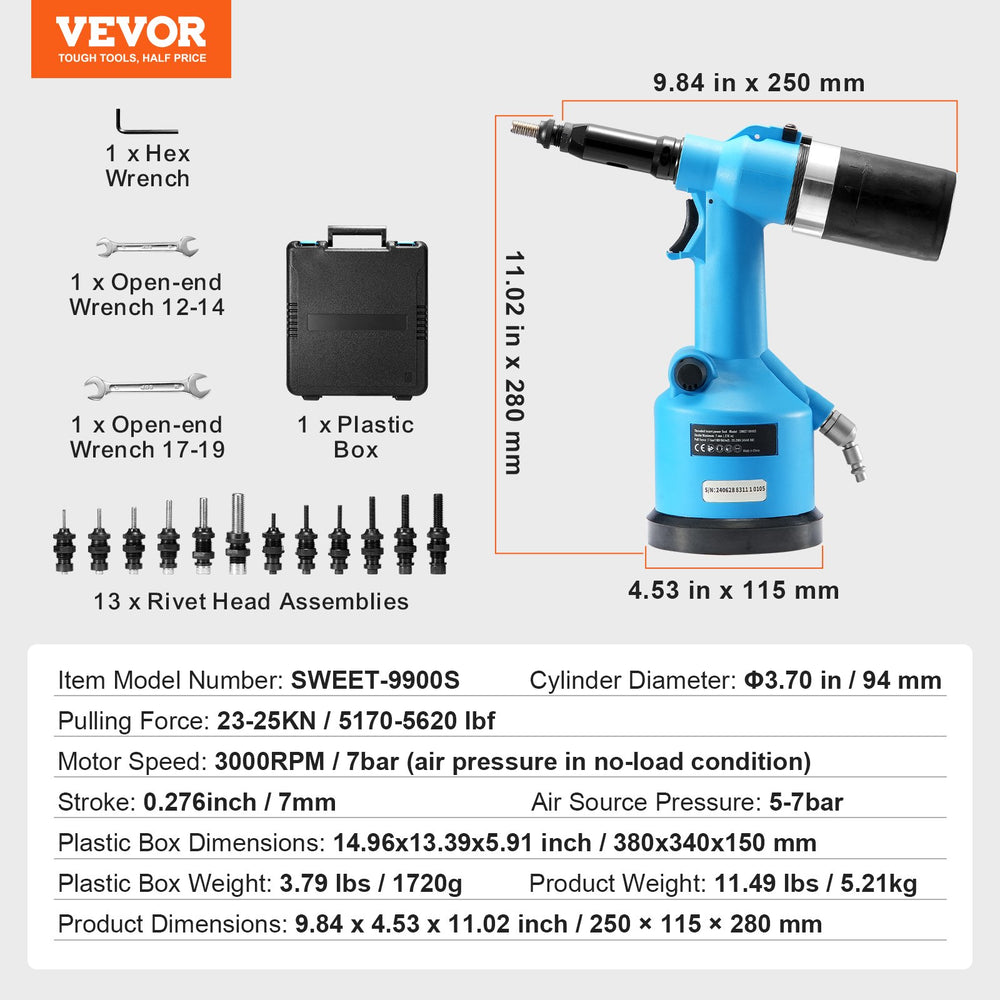 Vevor Pneumatic Air Riveter Gun Tool Kit with 13 Size Nose Pieces New