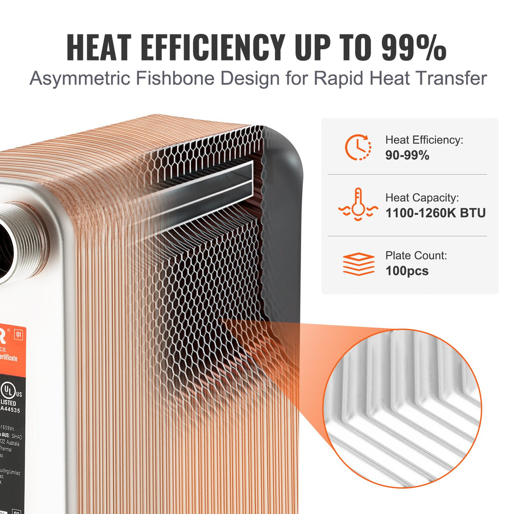 Vevor Plate Heat Exchanger 5" x 12" 100 Plates Copper Brazed Stainless Steel Water to Water New