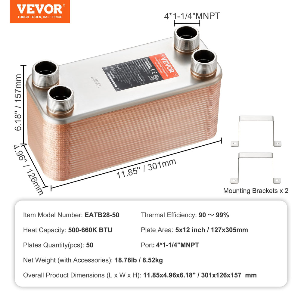 Vevor Plate Heat Exchanger 5" x 12" 50 Plates Brazed Copper Stainless Steel Water to Water New