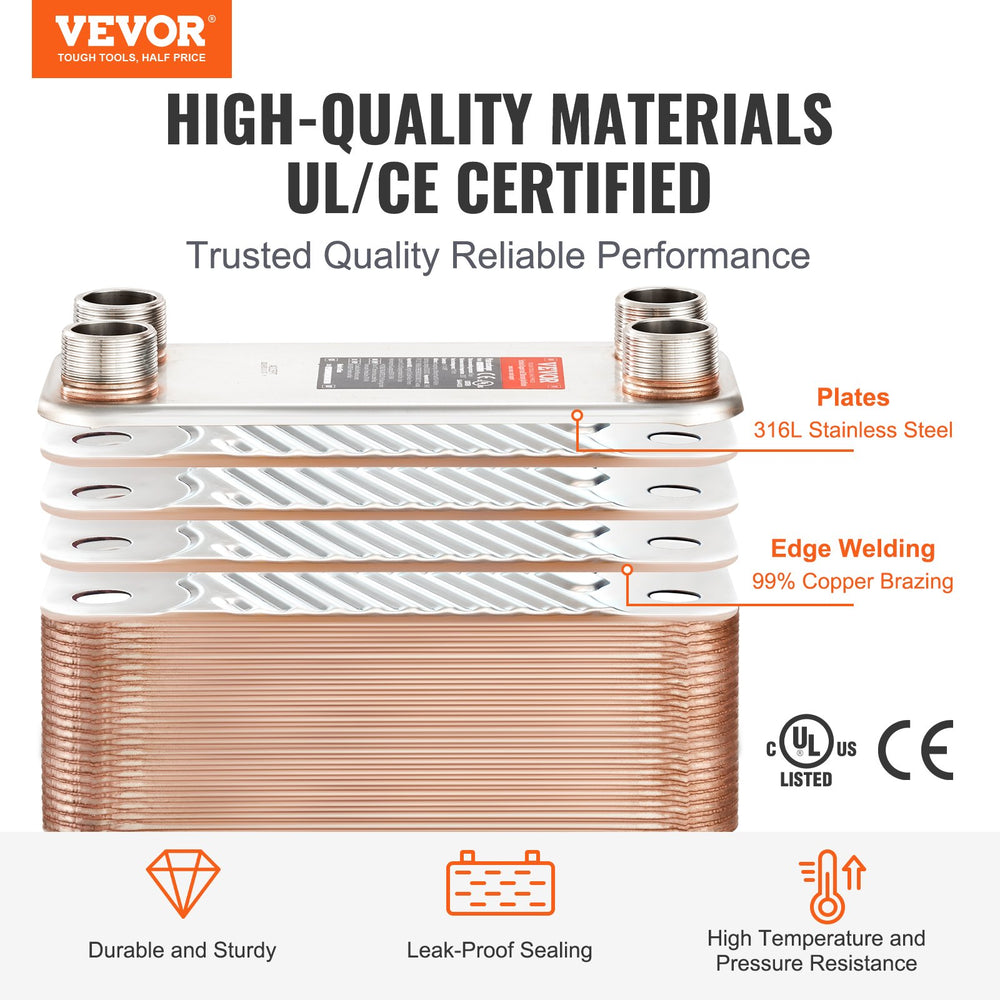 Vevor Plate Heat Exchanger 5" x 12" 80 Plates Brazed Copper Stainless Steel Water to Water New