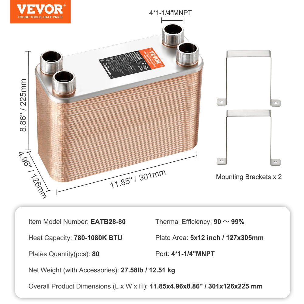 Vevor Plate Heat Exchanger 5" x 12" 80 Plates Brazed Copper Stainless Steel Water to Water New