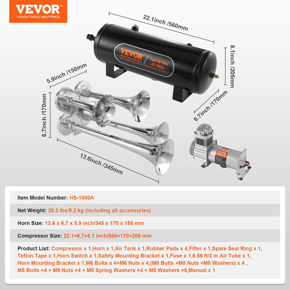 Vevor Air Horns Kit for Pickup Trucks 150dB 12V 160PSI Air Compressor 2.6 Gal. Tank New