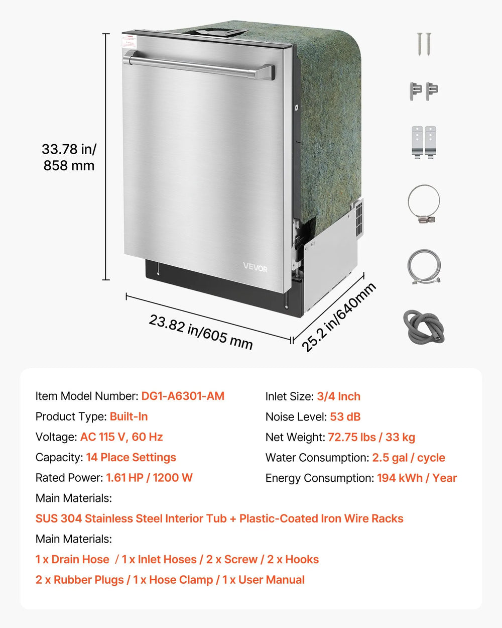 Vevor Dishwasher 24" with Dual Racks Touch Control Stainless Steel New