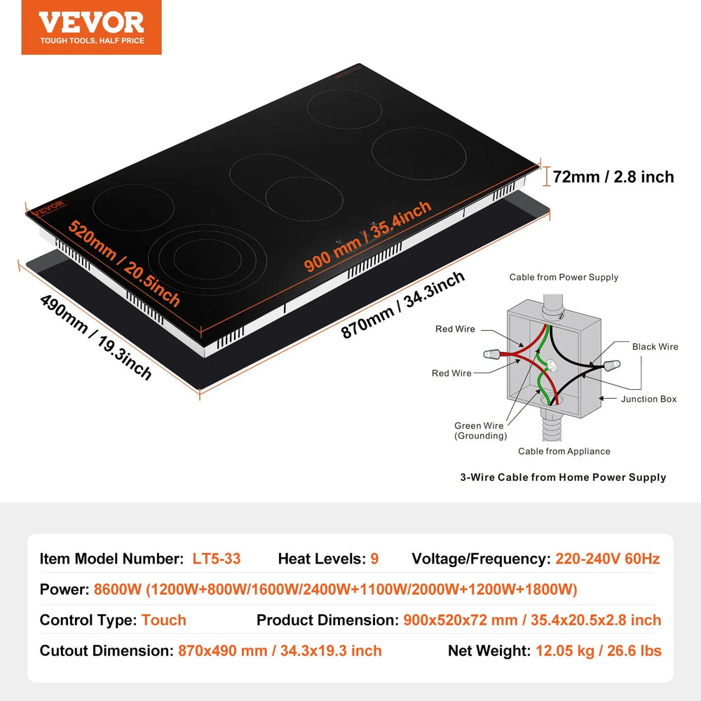 Vevor Electric Ceramic Cooktop 5 Burners with Touch Control 8600W 35.4" x 20.5" New