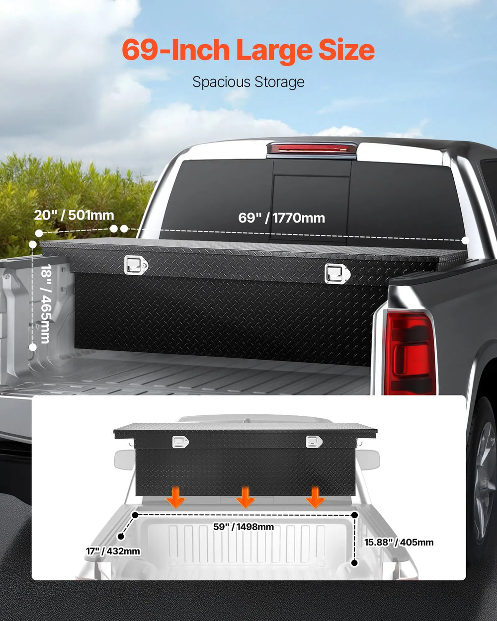 Vevor Truck Tool Box 69 x 20 x 18 in. Aluminum Diamond Texture with Lock New