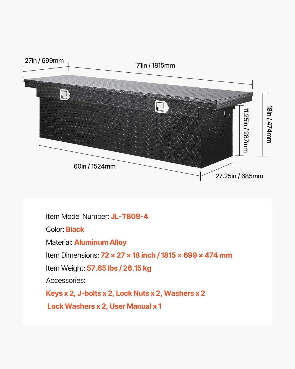 Vevor Truck Tool Box 71" x 27" x 18" Heavy-Duty Aluminum Diamond Texture with Lock New