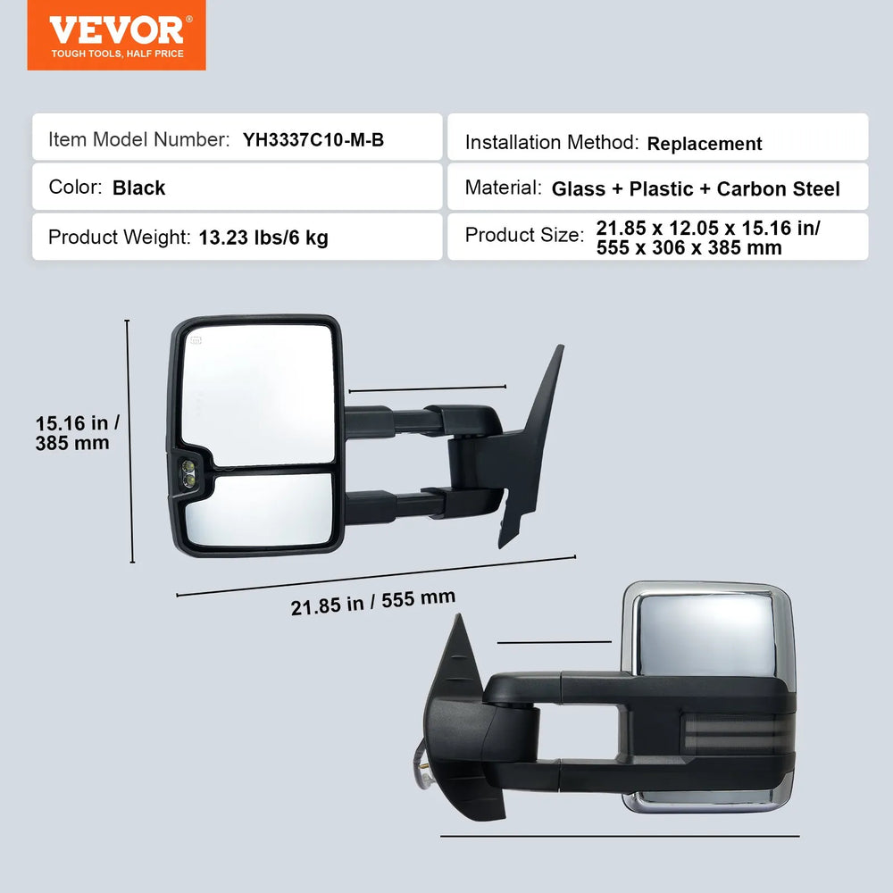Vevor Towing Mirrors Power Heated LED Turn Signal for 2008-2014 Chevy Silverado GMC Sierra New