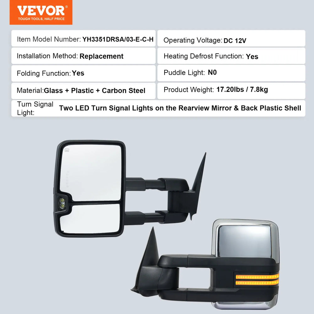 Vevor Towing Mirrors Power Heated LED Turn Signal for 2003-2007 Chevy Silverado GMC Sierra New