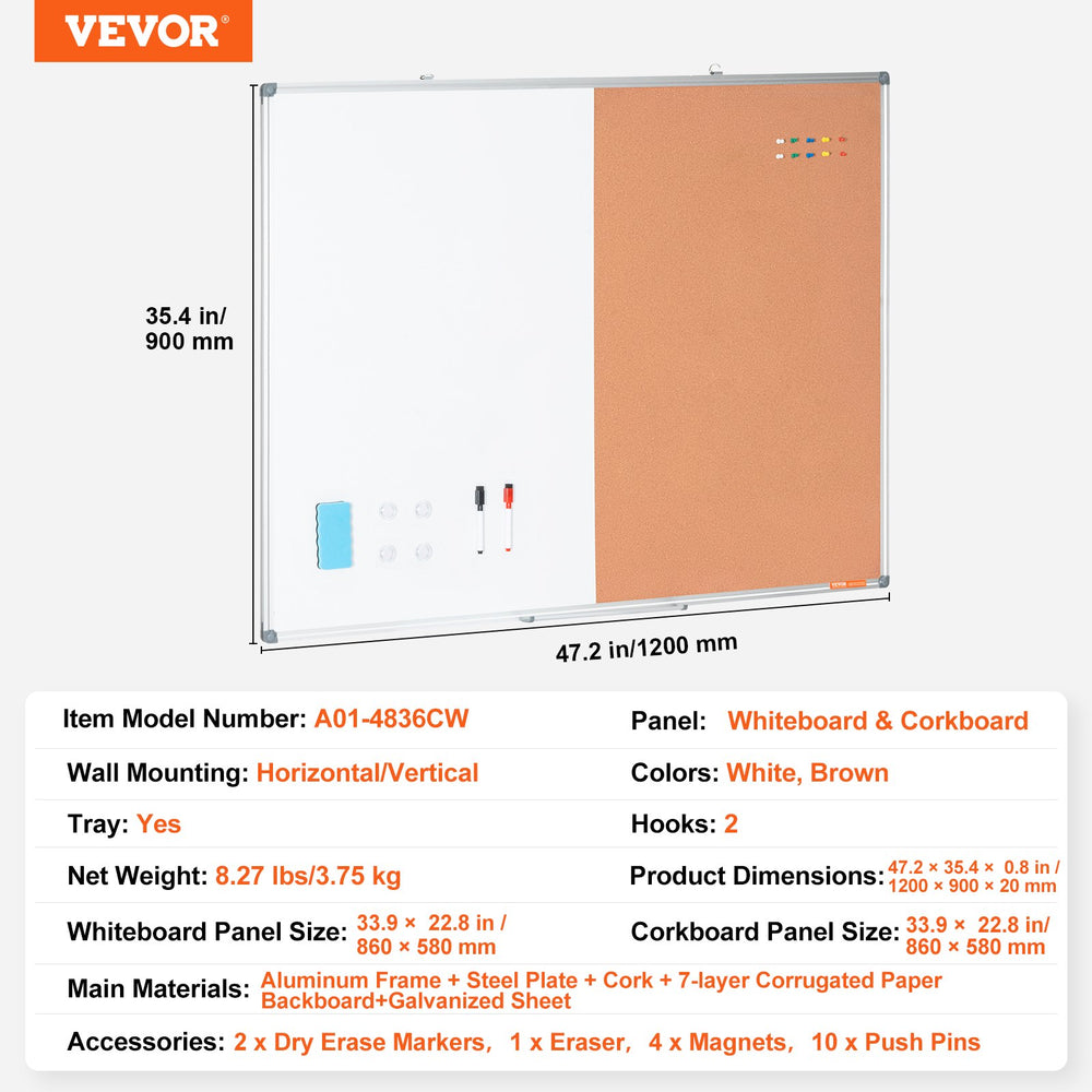 Vevor Whiteboard and Cork Board Combo 48" x 36" with Aluminum Frame New