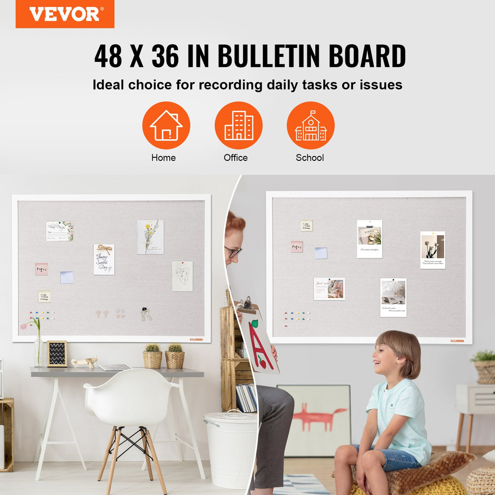 Vevor White Cork Board with Linen Surface Wall-Mounted Bulletin Board 48" x 36" New