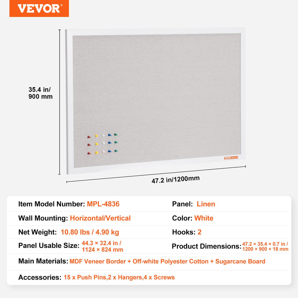 Vevor White Cork Board with Linen Surface Wall-Mounted Bulletin Board 48" x 36" New