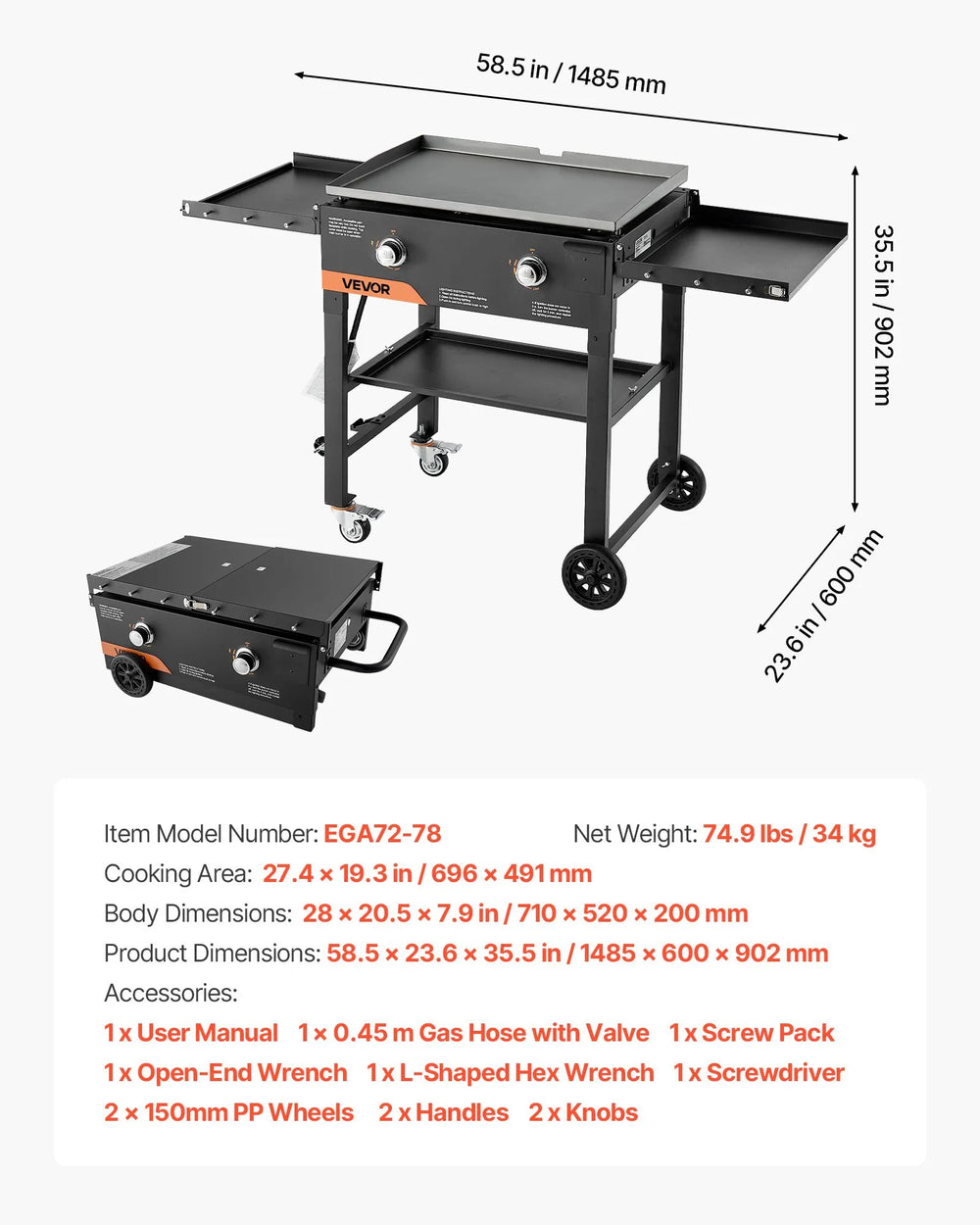 Vevor Gas Griddle Propane 2-Burner 28 in. Flat Top 30,000 BTU with Wheels New