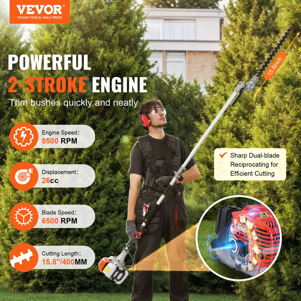 Vevor Pole Hedge Trimmer Gas Powered 26CC Adjustable Head 15.7" Dual Sided Blade New