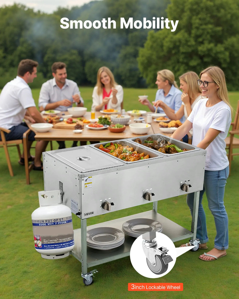 Vevor 3-Pan Food Warmer Propane Steam Table with Independent Temp Control New