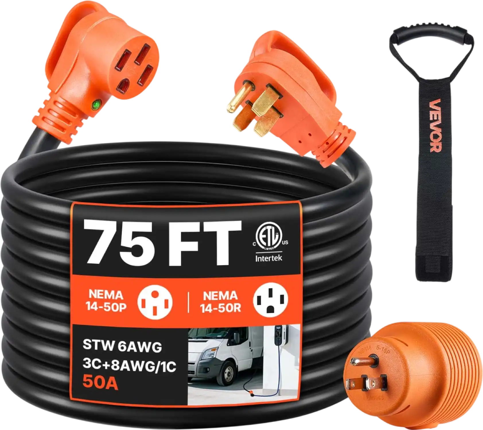 Vevor RV Extension Cord 75' 50 Amp 125/250V 7500W with 15A Adapter New