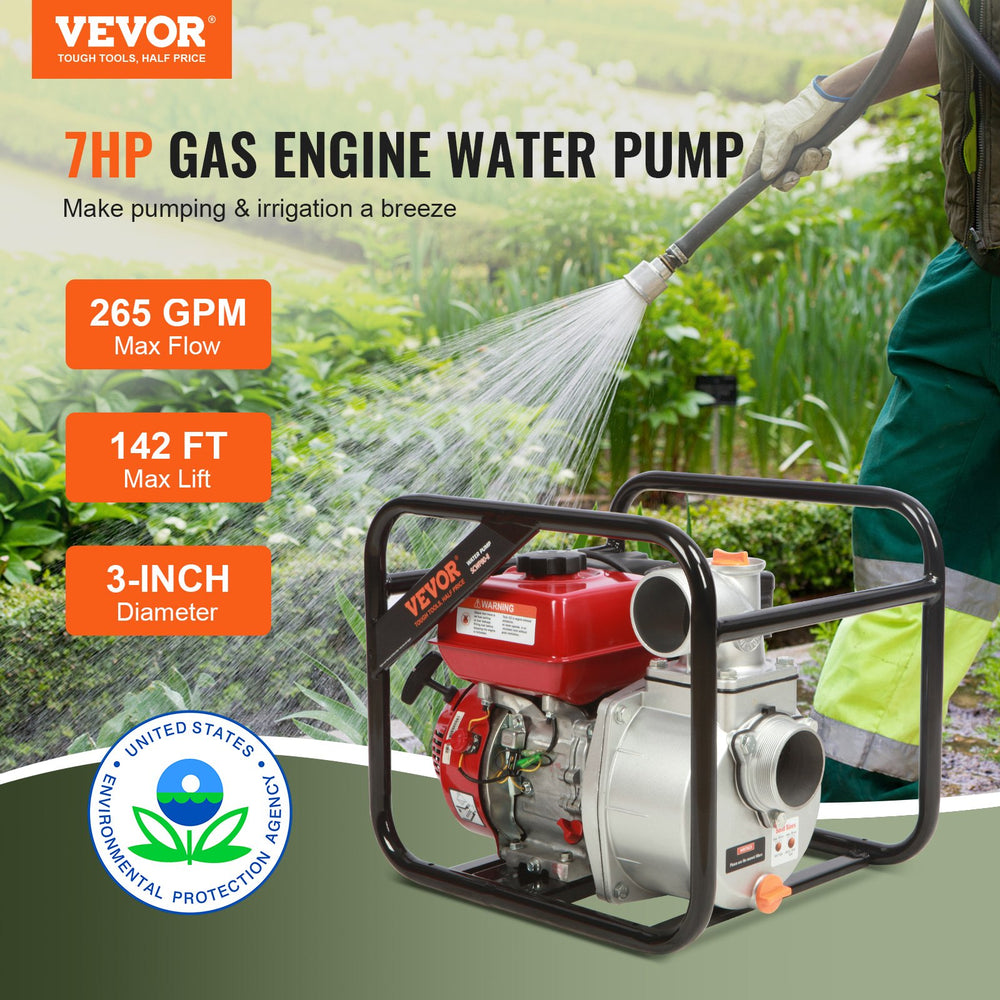 Vevor Gasoline Engine Water Pump with 25FT Hose 7HP 265 GPM New