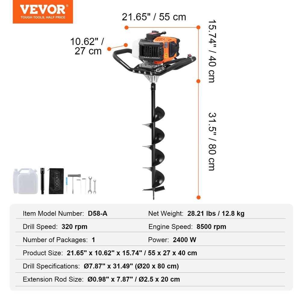 Vevor Gas Post Hole Digger 63cc 2400W with 8" Drill Bit and Extension Rod New