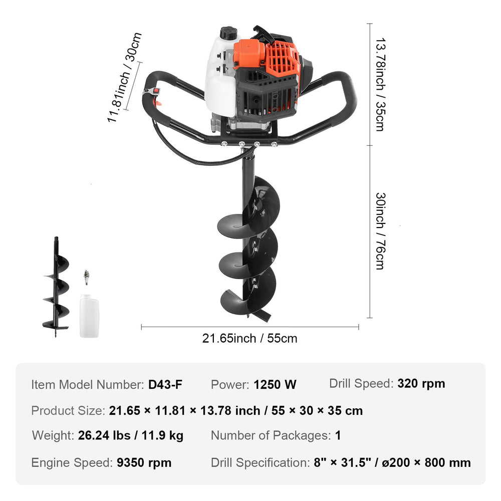 Vevor Auger Post Hole Digger 43cc 1250W Gas Powered with 8" Drill Bit New