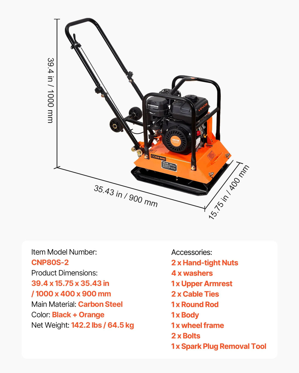 Vevor Plate Compactor 21 x 16 in. 4,074 lbs. Force with 6.5 HP 196cc Gas Engine New