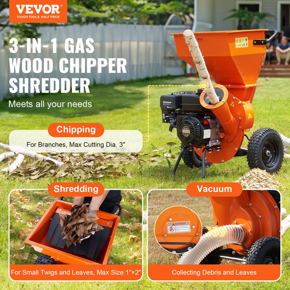 Vevor Wood Chipper Shredder Mulcher 3" Capacity 7HP Gas Powered 212cc New