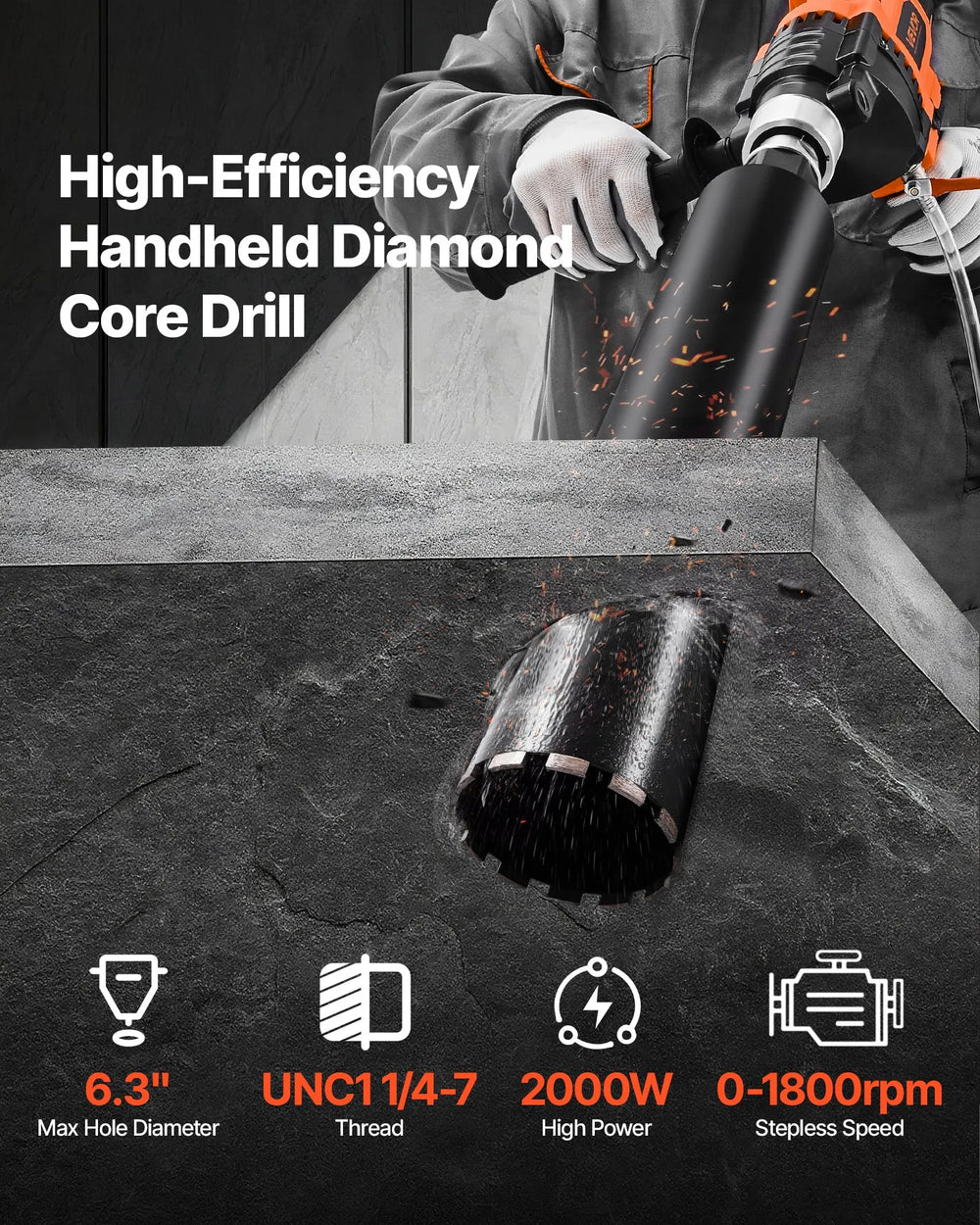 Vevor Diamond Core Drill 0.8-6.3 inch Diameter 0-1800 Variable Speed with 4 Drill Bits 2000W New
