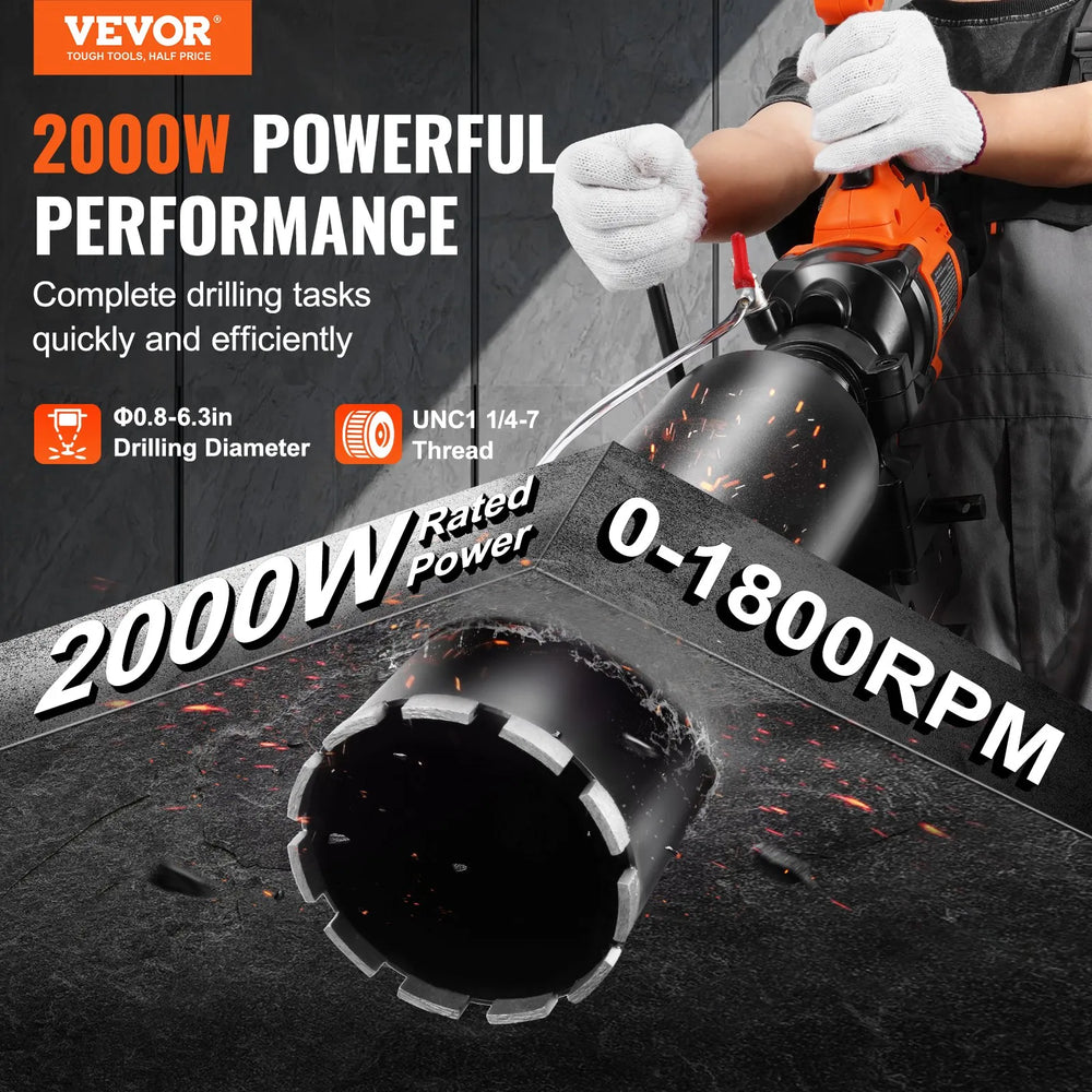 Vevor Core Drill Rig 2000W with Stand 0.8"–6.3" Capacity Wet and Dry Cutting New
